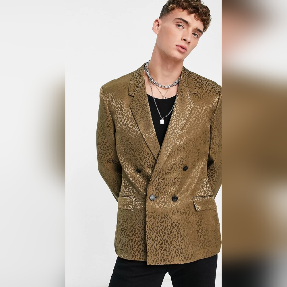 ASOS Design Slim Blazer In Tonal Khaki Green/ Gold Leopard